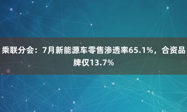 乘联分会：7月新能源车零售渗透率65.1%，合资品牌仅13.7%