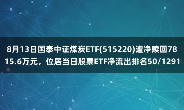8月13日国泰中证煤炭ETF(515220)遭净赎回7815.6万元，位居当日股票ETF净流出排名50/1291