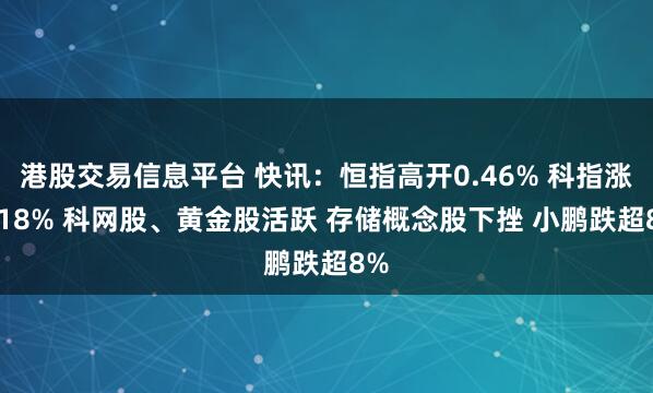 港股交易信息平台 快讯：恒指高开0.46% 科指涨0.18% 科网股、黄金股活跃 存储概念股下挫 小鹏跌超8%